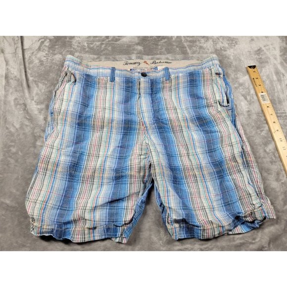 Tommy Bahama Shorts Mens 38‎ Chino Blue Plaid Linen Blend Zip Front 9" inseam - Picture 1 of 6